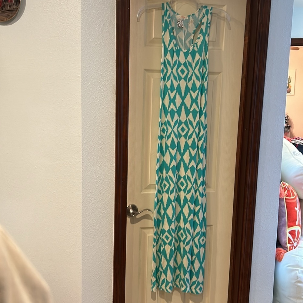 NWT Boutique Teal & Beige Aztec Tribal Sleeveless Razorback Maxi Dress Small